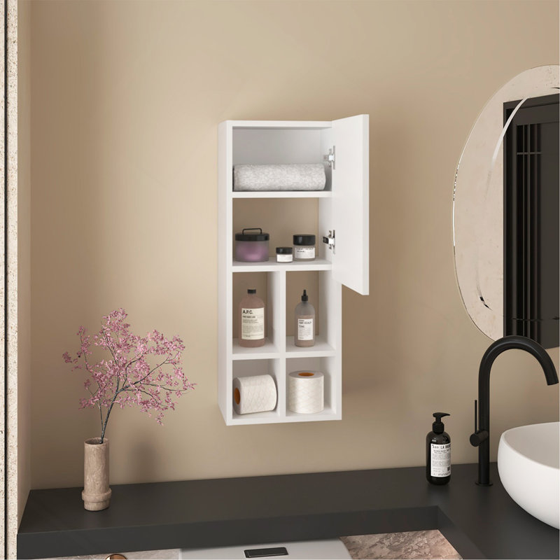 Armoire murale pour salle de bain, une porte, organisateur pour articles de toilette et serviettes, blanc
