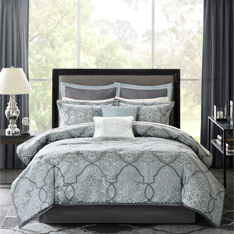 Édredon 12 pièces pour très grand lit - Draps en coton bleu et taille géométrique en pièces avec taies décoratives brodées