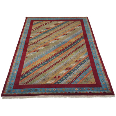 Tapis rayé en laine / coton rectangulaire fait à la main 4 pi x 6 pi bleu / rouge / vert