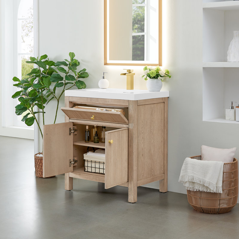 Lala 30" Single Bathroom Vanity in Engineered Stone Integrated Sink without Mirror, Natural Oak