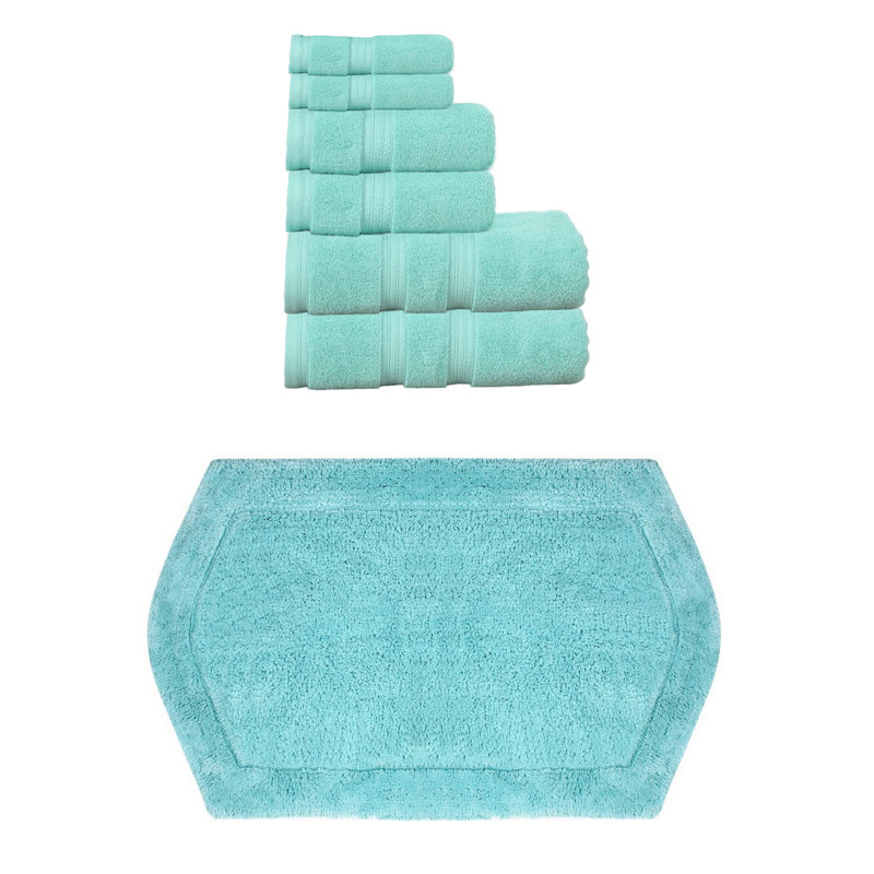 Bryd Collection 100% Soft Cotton Towel Set & 1 Pc Bath Rug, Turquoise, 6 Piece Towel Set & 1 Piece 21"x34" Bath Rug
