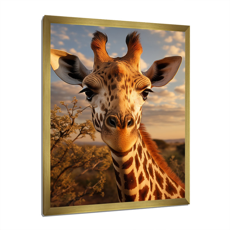 «Giraffe Portrait Vibrant - Animals», reproduction sur toile, Encadrement doré, H 40 po x l 30 po x P 1,5 po