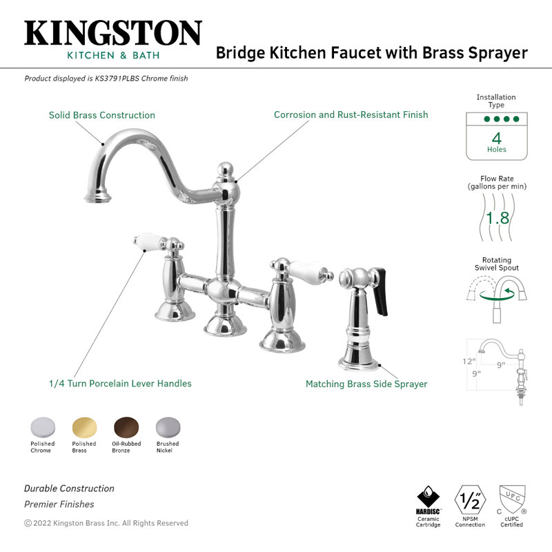 Robinet de cuisine à fixation sur comptoir à deux poignées Kingston, Bronze huilé, Avec jet