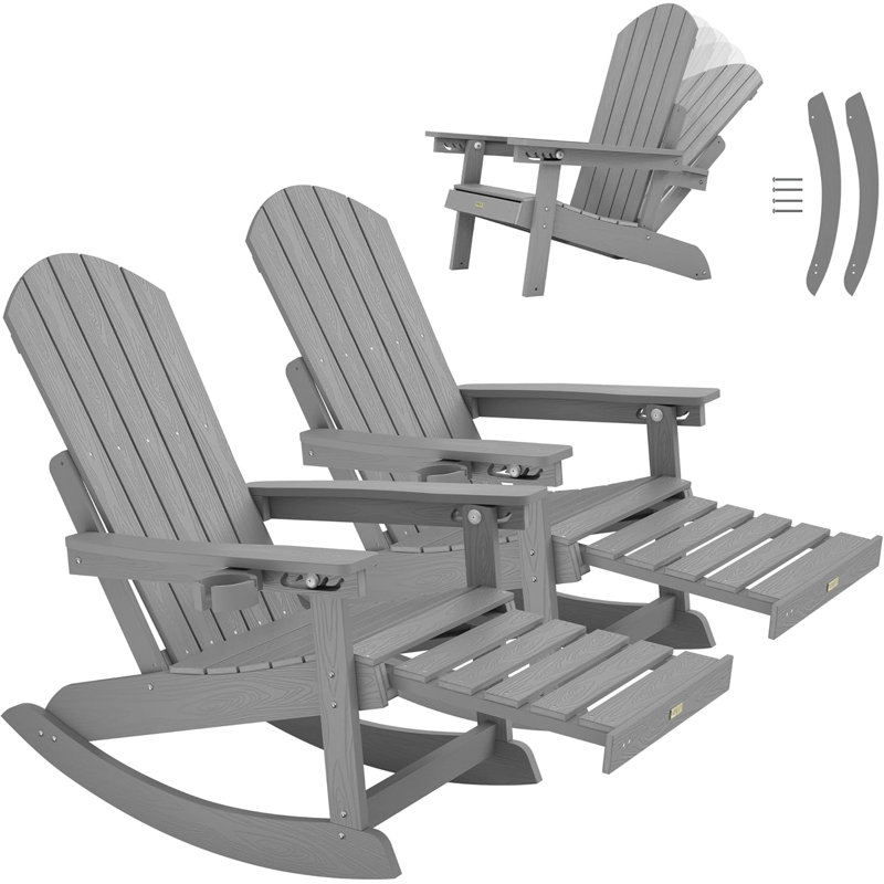 Ensemble de 2 chaises Adirondack d'extérieur avec repose-pieds, dossier réglable à 5 positions et repose-pieds escamotable, chaise berçante de patio à haut dossier, matériau HISC robuste avec finition grain de bois, capacité de poids de 400 lb, gris