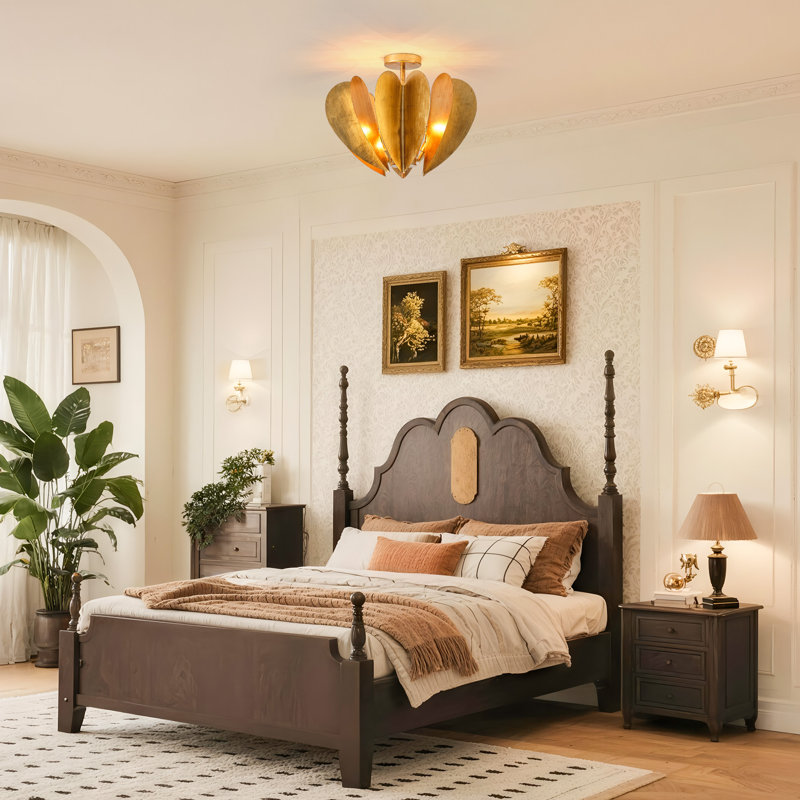 Rustic 20" 6-Light Distressed Brass Dimmable Semi-Flush Mount Ceiling Light With Petal-Inspired Metal Frame