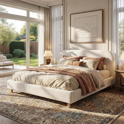 For master bedroom use, crisp white boucle upholstered California king bed with curved thick headboard modern minimalist style