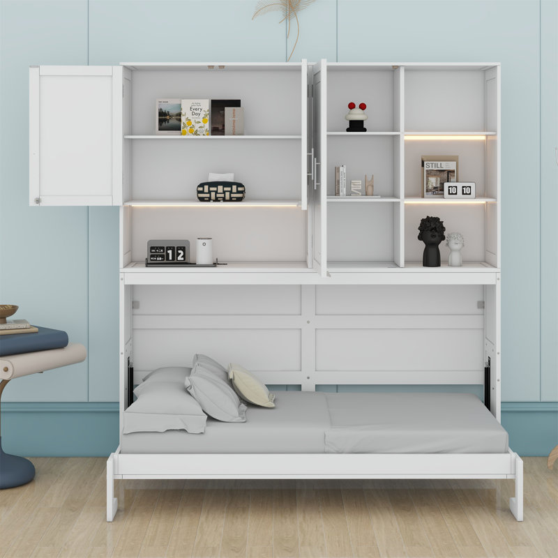 Lit escamotable mural avec armoire supérieure, tablettes, lit pliable peu encombrant avec éclairage et port USB, Blanc