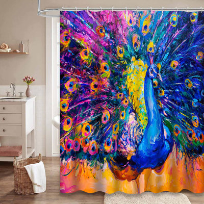 Oil Painting Canvas Colorful Peacock Modern Art Waterproof Shower Curtain with 12 Hooks