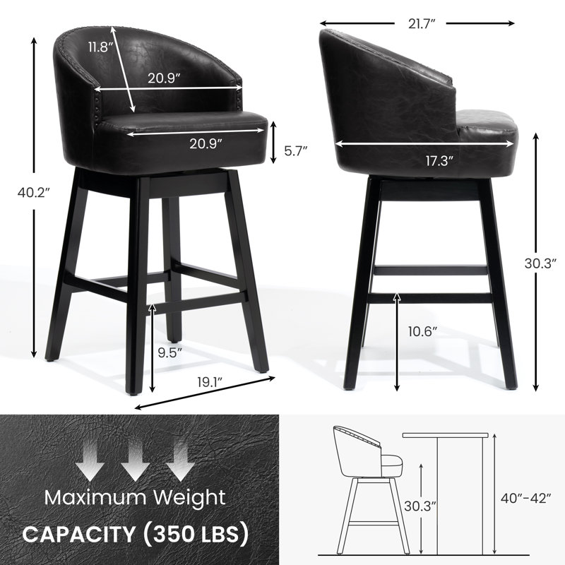 Swivel 30.3'' Faux Leather Bar Stool with Solid Wood Legs, Black (Set of 2), Black