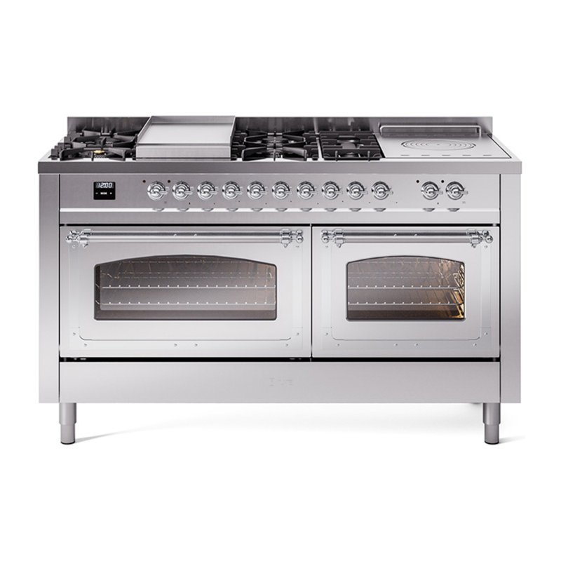 ILVE Nostalgie II Noblesse 60 in Dual Fuel Range 7 Burner, Griddle, Frenchtop, Liquid Propane, Stainless Steel/Chrome