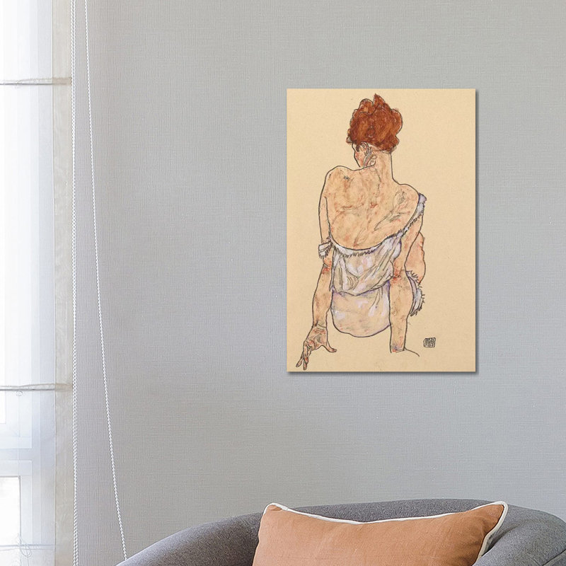 Seated Woman in Underwear, Rear View, 1917 by Egon Schiele - 1 Piece Painting on Canvas, 66.04cm H x 45.72cm W x 1.91cm D