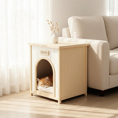 Solid Pet House For Small Animals, Functioning As Side Table, Cream White, Casual Scandinavian Design Modern Indoor With Cozy Cushion, Dual-purpose American Style, White