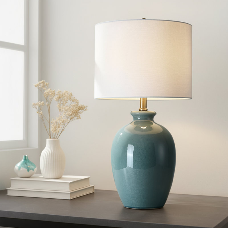 22.5in Ceramic Table Lamp With Drum Shade, Green