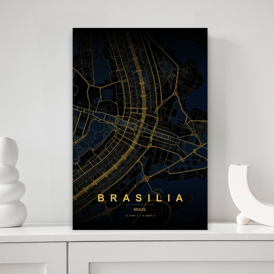 Brasilia Golden City Map Minimalist Modern Abstract Architecture City Wall Art Print
