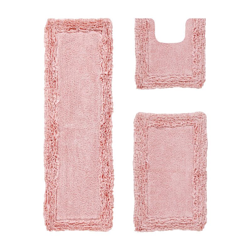 Ensemble de tapis pour salle de bain 100% coton 1775 g / m² 3 pièces Courson, certifié OEKO-TEX®, envers en latex antidérapant, motif de volants touffetés moelleux, super absorbant, tapis de salle de bain lavables à la machine, rose
