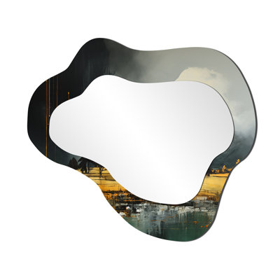 Gris et jaune abstrait paysage de montagne II - paysage nuage nuage, miroir mural asymétrique gris unique, impression d'art en métal
