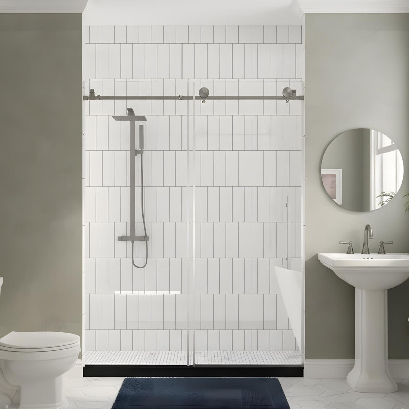 Porte de douche sans cadre de 56 à 60 po x H 76 po avec poignée en acier inoxydable, Nickel brossé