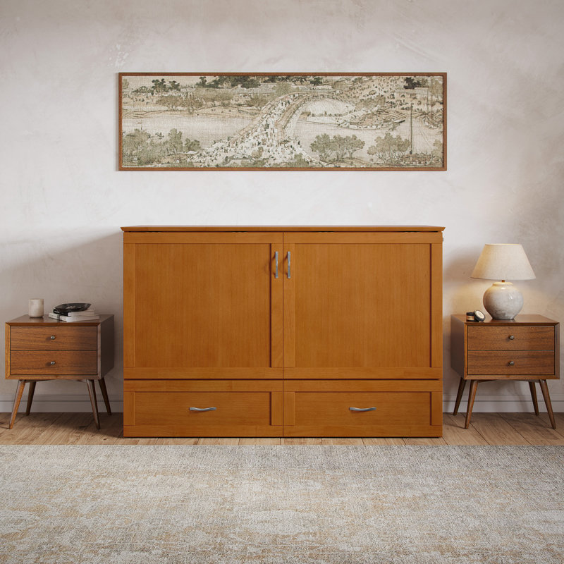 Atiyah Murphy Bed Chest with 6" Mattress, Storage and Built-in Charger, Queen, Light Toffee