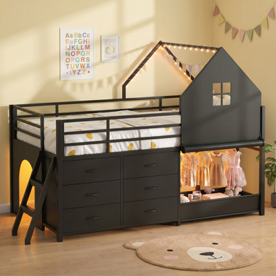 Lit mezzanine simple avec 6 tiroirs, lit mezzanine à DEL, support à vêtements avec tringles de suspension et panier de rangement, espace de jeu sous le lit, lits mezzanine avec barrière de sécurité, noir