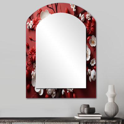 Branches de fleurs d'orchidées blanches et rouges III - miroir mural arqué floral, miroir décoratif asymétrique traditionnel, impression d'art en métal