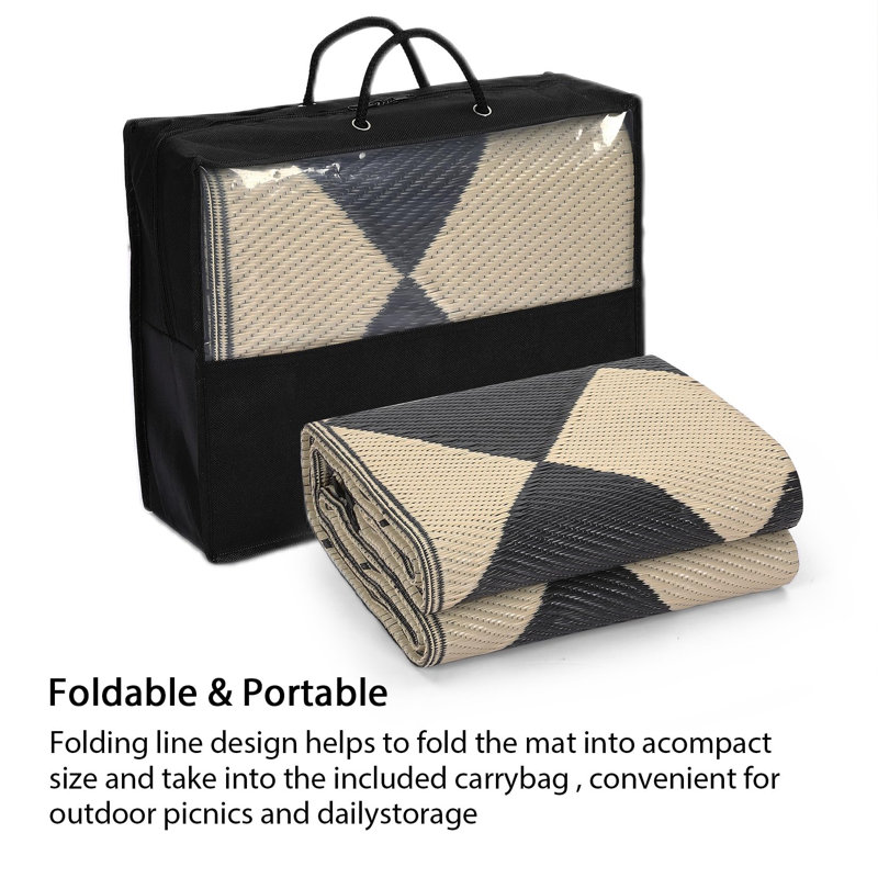 Outdoor Rug Plastic Reversible Rug Waterproof Patio Rug for Outdoor Camping Deck Beach RV Porch Patio and Backyard Black Cream 8*10