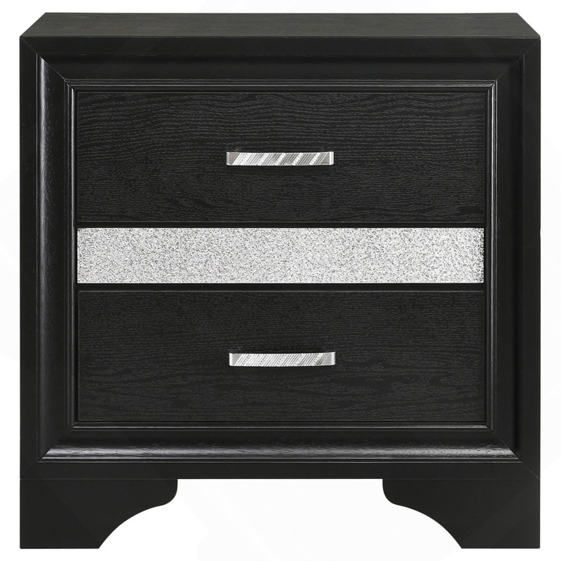 Table de chevet noire à 2 tiroirs avec plateau à bijoux caché, Noir