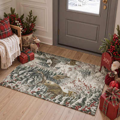 Tapis de salon lavable à poils ras, motif animaux de Noël : cerfs et chalet enneigés, gris et vert