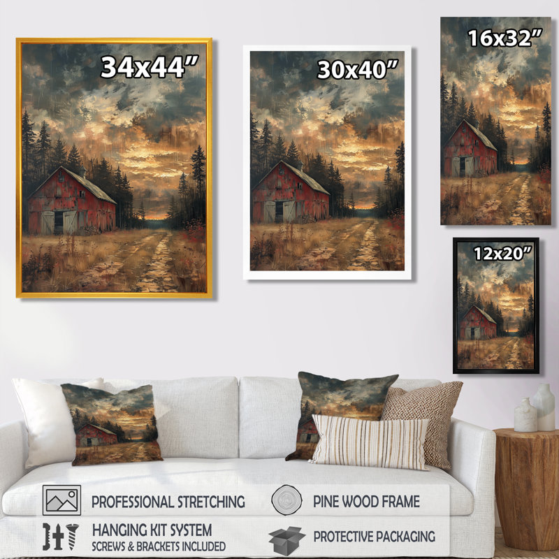 Décoration de grange au trésor gris et rouge d'automne - Grange, H 20 po x l 12 po x P 1 po, Toile avec cadre flottant or