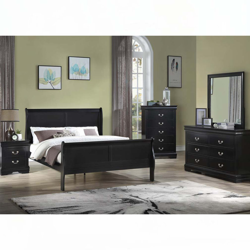 Panneau à lit-bateau en bois massif, Double, Noir, Bois massif
