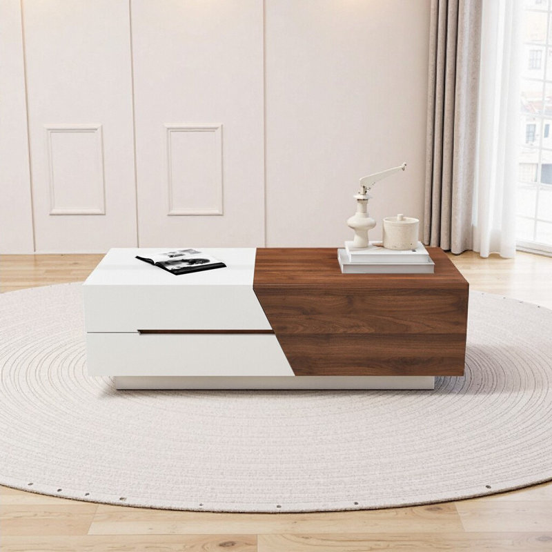 Table basse coulissante moderne extensible au fini noyer blanc avec beaucoup de rangement