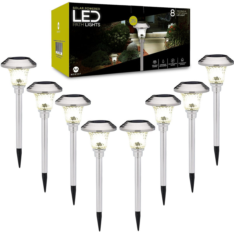 Stainless Steel and Glass LED Solar Path Lights, Warm Light, 8 Pack