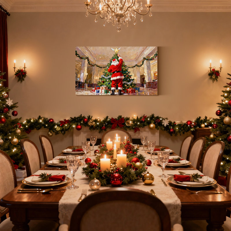 «Christmas Santa Decorating Christmas Tree In Hall», ensemble de 3 impressions d'art sur toile, H 24 po x l 36 po