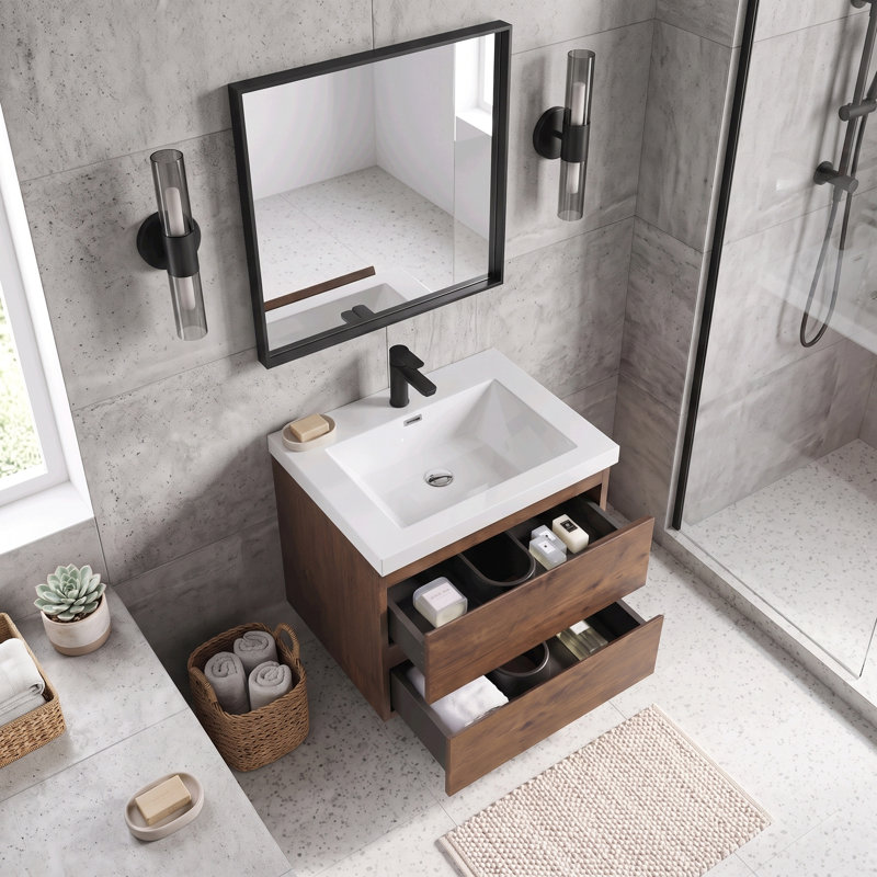 23.62" Wood Melamine Wall-Mount Floating Bathroom Vanity with Integrated Resin Sink & Soft Close Doors Fully Assembled, White