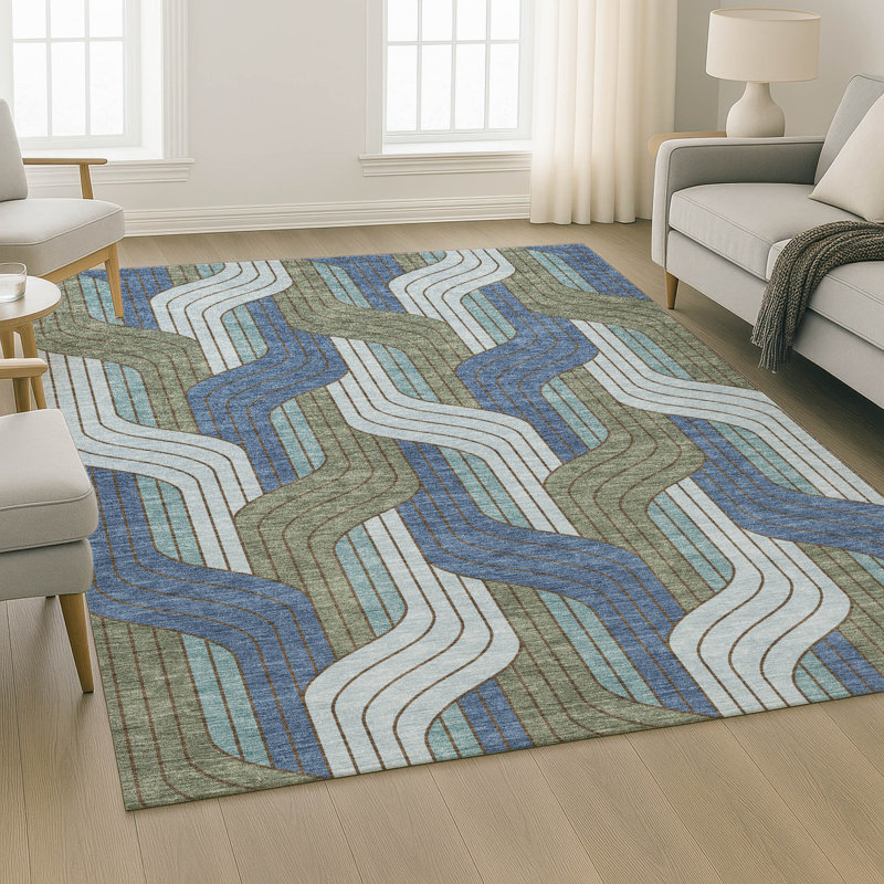 Premium Machine Washable Mayfield AMF2422 Striped Rug, 8' x 10', Navy