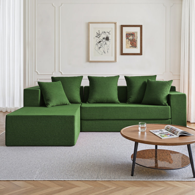 106.5" Convertible L-Shaped Sectional Sofa Bed, 4-In-1 Corduroy Floor Couch, High-Resilience Foam, 1300LBS Capacity, Green