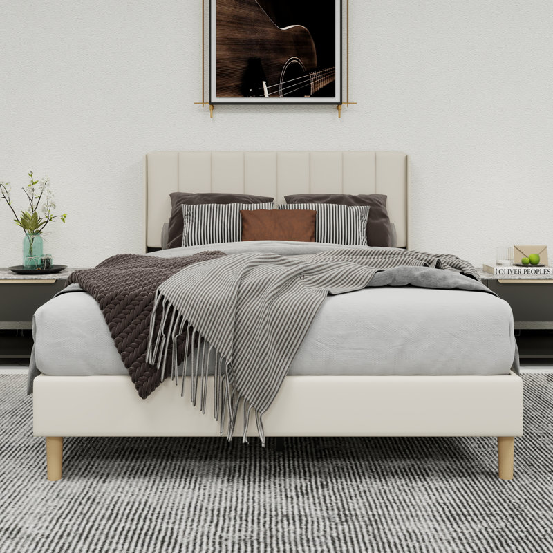 Upholstered Platform Bed With Headboard, Beige, Full