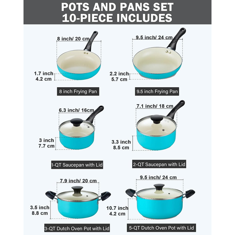 Turquoise 10-Piece Nonstick Aluminum Ceramic Cookware Set