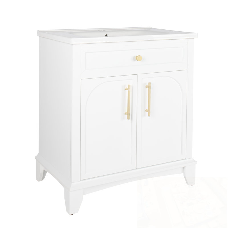 Meuble-lavabo avec lavabo, 2 portes et poignées en métal, Blanc