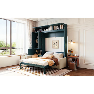 Grand lit mural avec armoires de rangement, panneau, beige, idéal pour un support de matelas confortable, rangement de construction, petits espaces tout-en-un,