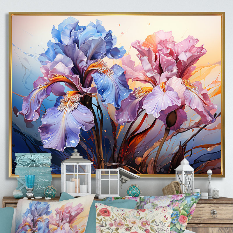 Iris Burst with Fierce Brushwork Dreamscape sur toile, H 34 po x l 44 po x P 1,5 po, Cadre flottant doré