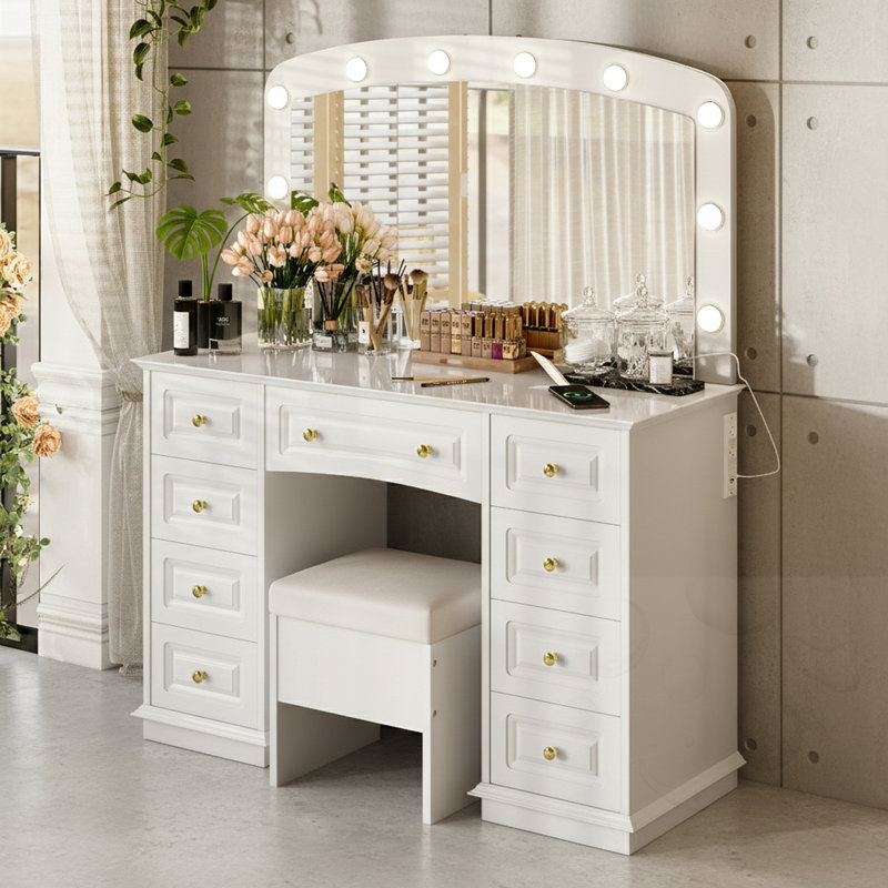 9-Drawer Makeup Vanity With 10 Hollywood Bulbs And Stool