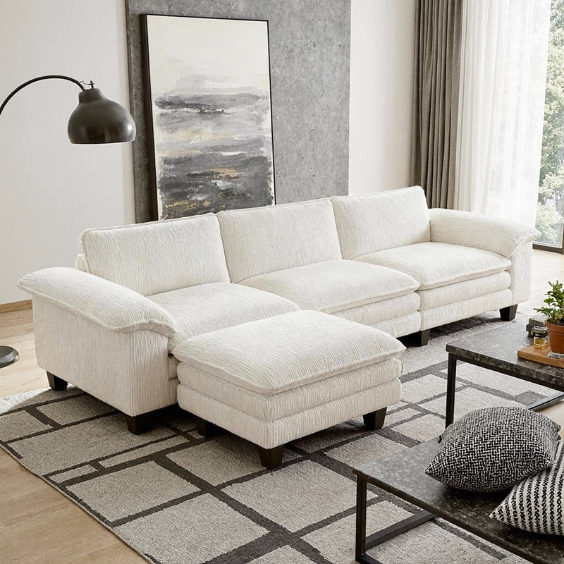124.4" Luxury L-Shaped Sectional, Corduroy Upholstery, Pillow-Top Armrests, Movable Ottoman, 550 lbs Per Seat, Beige