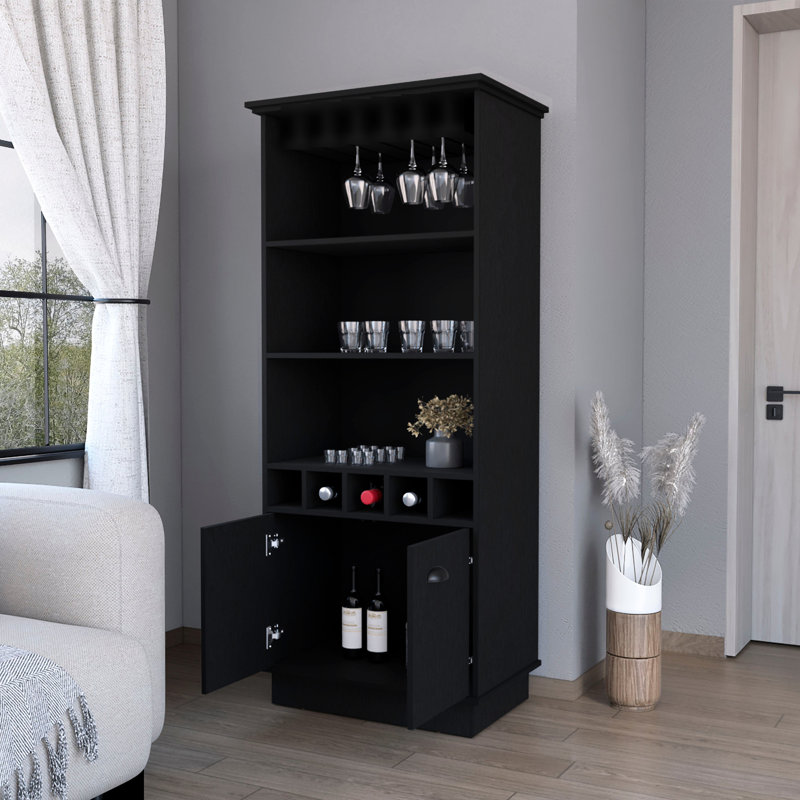Black Bar Cabinet With Glassware Rack And Functional Shelving Modern Versatile Interior