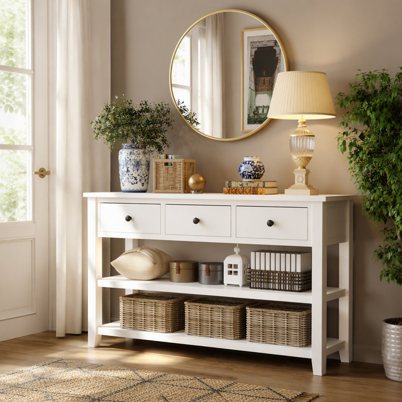 Console rétro avec deux tablettes ouvertes, structure en bois de pin massif et pieds pour le salon (blanc antique)