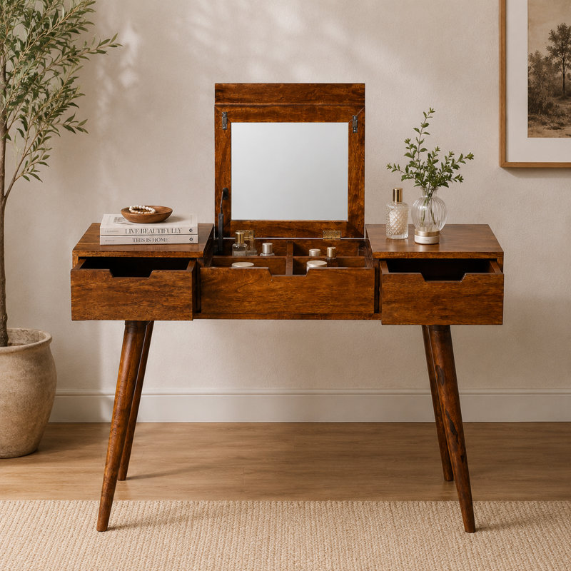 Zubley Dressing Table with Mirror, Dark Brown