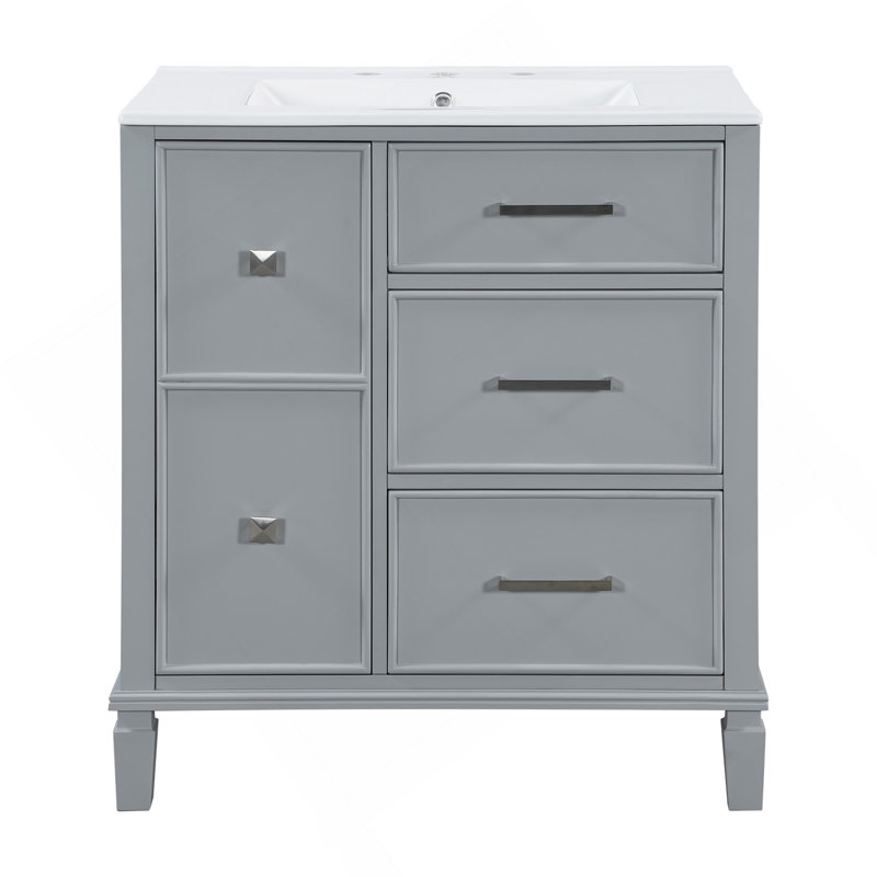 Meuble-lavabo de 30 po avec lavabo en céramique, tiroir escamotable pour la plomberie, armoire en bois aggloméré peint en gris avec pieds en bois