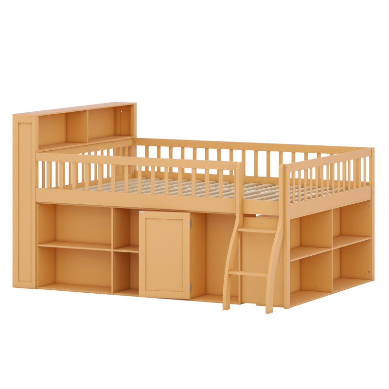 Lit mezzanine peu encombrant avec compartiments de rangement intégrés et éclairage de tête de lit à DEL, Naturel