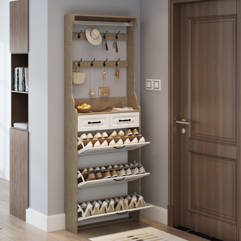Hall Tree 31.5'' Wide with Shoe Storage, Brown/White