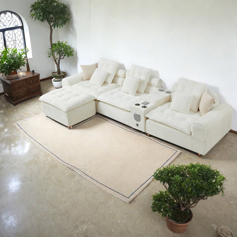 Canapé d'angle surdimensionné en boucle blanche avec rangement, modèle moderne 4 places pour la maison, Blanc