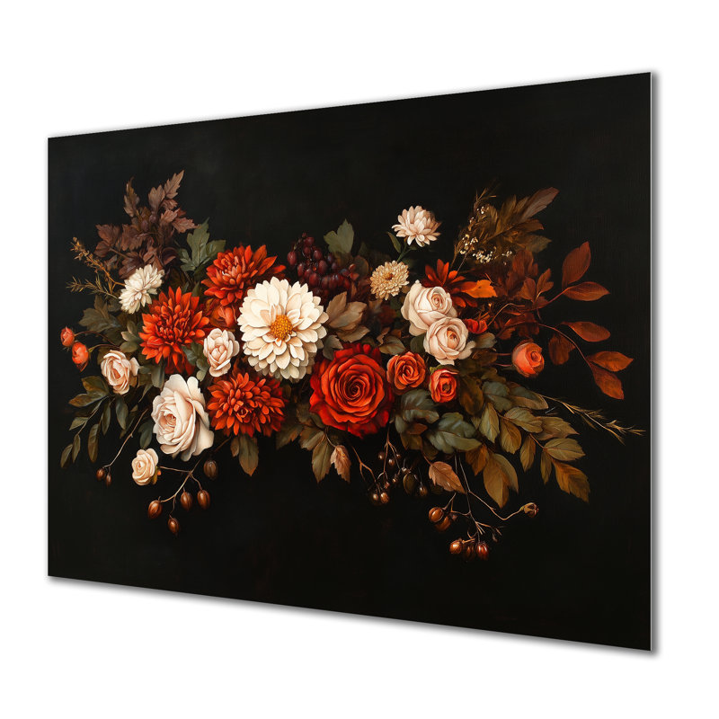 Cascade de fleurs écarlates - Grande décoration murale en métal à motif floral, H 12 po x l 20 po